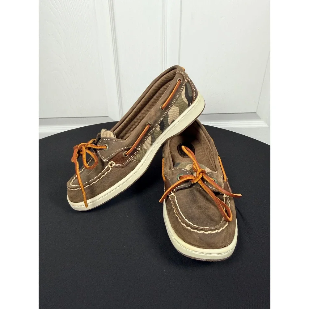 GH Bass & Co Womens Brown Leather Camo Boat Shoes Orange Laces Size 8.5